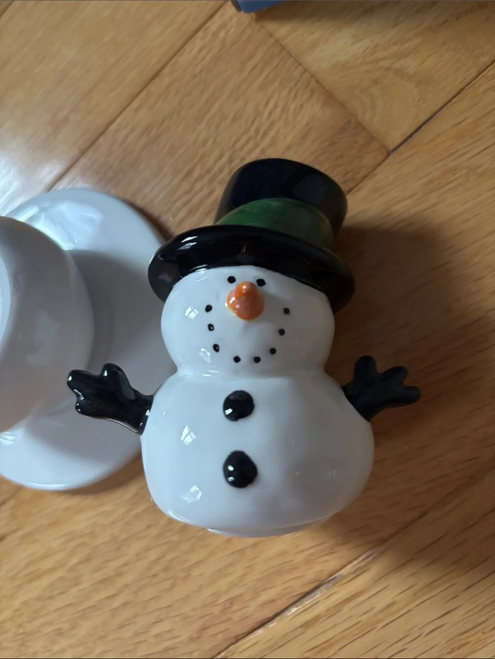 Ceramic Snowman Figurine with Black Top Hat and Green Band